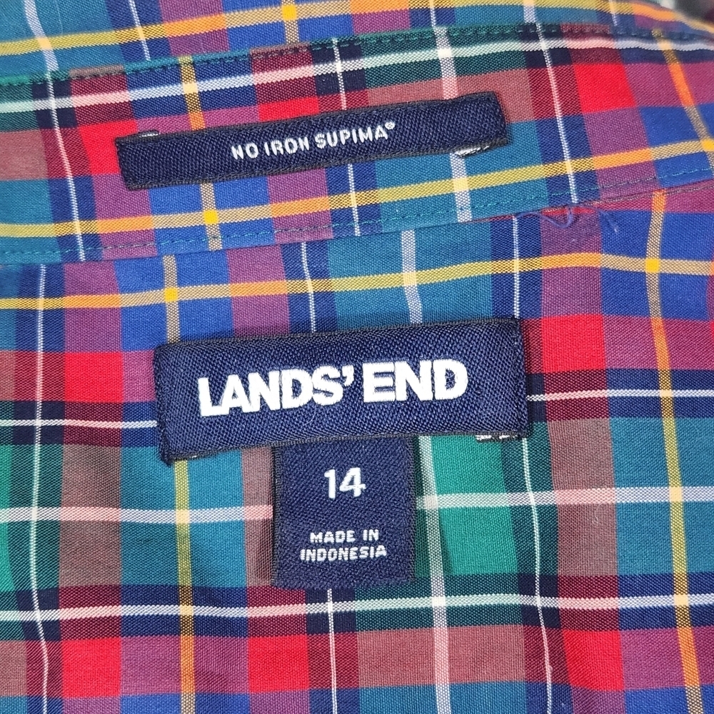 LANDS END Tartan Plaid Button-Up Shirt Red Green Blue Christmas Holiday Size 14 - Picture 5 of 6